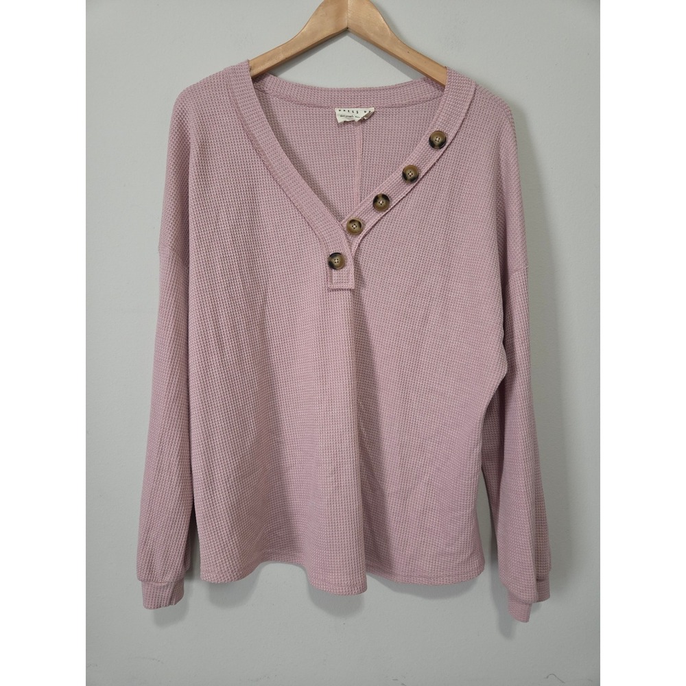 Dress Up Mauve Pink Waffle Knit Henley Top Long Sleeve Button Neck Large HUT7264
